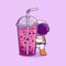 The astronaut is holding a very big boba drink and drinking it with a straw