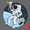 Astronaut holds a beer pint and beer keg in outer space. Vector illustration.