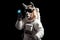 astronaut llama holding smartphone on space background, Generative AI