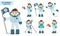 Astronaut man vector character set holding space flag, rocket, telescope and happy exploring planet