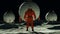 Astronaut Moon Base man on the Moon in an Orange Space Suit and White Helmet Standing Back View