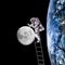 Astronaut on moon in outer space on ladder