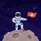 Astronaut on moon. Spaceman with flag in spacesuit explores moon surface. Futuristic planet in space, cosmos traveler