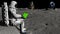 Astronaut on the moon typing on a laptop with a green screen.