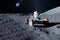 Astronaut near the moon rover on the moon. With land on the horizon. Elements of this image were furnished by NASA