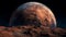 Astronaut orbits sphere in Milky Way galaxy, observing alien landscape generated by AI