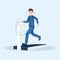 Astronaut physical test flat vector illustration. Spaceman, cosmonaut space station training, using treadmill exercise