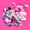Astronaut in pink clouds holding cotton wool. Generative AI