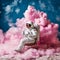 Astronaut in pink clouds holding cotton wool. Generative AI