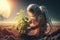 Astronaut Plants a Tree on some planet in the galaxy. Future concept. Generative AI
