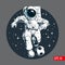 Astronaut playing football or soccer in outer space. Player dribbling a ball. Print, poster or banner. Comic style vector illustra