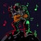 Astronaut playing guitar with metal symbol hand gesture. Cool dude astronauts spaceman play astro rock on electric guitar on a