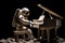 Astronaut playing piano, floating in front of the moon. Generative AI