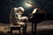 Astronaut playing piano, floating in front of the moon. Generative AI