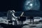 Astronaut playing piano, floating in front of the moon. Generative AI