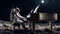 An astronaut plays the piano on the moon. Concept: classical music, art is eternal, creativity without boundaries.