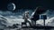 An astronaut plays the piano on the moon. Concept: classical music, art is eternal, creativity without boundaries.