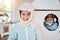 Astronaut portrait, spaceship and children happy, playing and role play space travel, home fantasy games or pretend