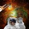 Astronaut posing. Rocket on the backdrop. The elements of this image furnished by NASA