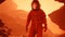 Astronaut researcher walks through a sandstorm on the planet Mars. The man was created using 3D computer graphics. 3D