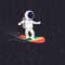 Astronaut rides on flying board on universe. Cosmic path spaceman through the universe.