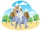 Astronaut riding an elephant. African safari. In minimalist style. Flat isometric raster