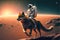 Astronaut riding wolf on Mars landscape. Concept of orange light on outer.