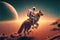 Astronaut riding wolf on Mars landscape. Concept of orange light on outer.