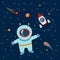 An astronaut and a rocket in space with stars and meteorites. vector illustration isolated illustration