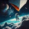 Astronaut\\\'s Stormy Kite Flight. Outer space, far away