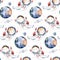 Astronaut seamless pattern. Universe kids Baby boy girl elephant, fox cat and bunny, space suit, cosmonaut stars, planet, moon,