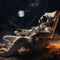 Astronaut seated in a collapsible chair on a sandy beach, AI-generated.