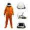 Astronaut with set of helmets isolated on a white background