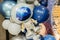 Astronaut-shaped balloon against a backdrop of blue and white balloons