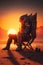 astronaut sitting on a beach chair in mars looking the most beautiful sunset planet