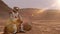 Astronaut sitting on Mars and admiring the scenery. Exploring Mission To Mars. Futuristic Colonization and Space Exploration