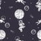 Astronaut is sitting on a swing. Pug astronaut flies in space. Illustration on the theme of astronomy. Seamless pattern.