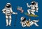 Astronaut soaring with the USA flag. Dancing spaceman with skateboard and guitar. adventure in the astronomical galaxy