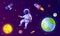 Astronaut in space. Cosmonaut flying in outer space with rocket, satellite, planets, stars. Astronaut on spacewalk