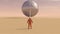 Astronaut Space Explorer and Large Alien Silver Orb Sphere Floating above a Hard Desert