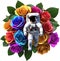 Astronaut in space filled with colorful roses. AI-Generated.