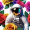 Astronaut in space filled with colorful roses. AI-Generated.