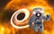 Astronaut in the space with orange giant star with black hole behind. Elements of this image furnished by NASA