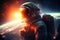 Astronaut in space suit flying in outer space with planet on background, close up. Deep space exploration. Created with