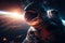 Astronaut in space suit flying in outer space with planet on background, close up. Deep space exploration. Created with