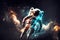 Astronaut in space suit flying in outer space with planet on background, close up. Deep space exploration. Created with