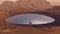 Astronaut Spacecraft Large Crater Alien Silver UFO Retro Disc Floating Arid Mountain Extra-Terrestrial Planet Desert Landscape