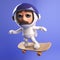 Astronaut spaceman in 3d riding on a skateboard in space