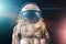 Astronaut or spaceman or cosmonaut on dark space background with blue and red light as sci-fi or fantastic explore background