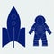 Astronaut and spaceship. Blue icon on lined paper background